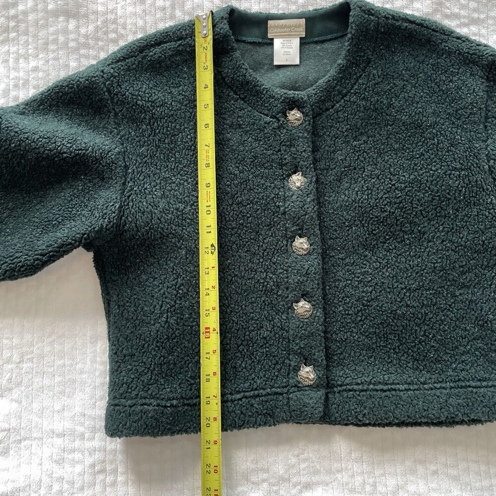 90s Vintage Coldwater Creek Green Sherpa Cardigan Jacket Wolf Buttons Womens S - Picture 10 of 11